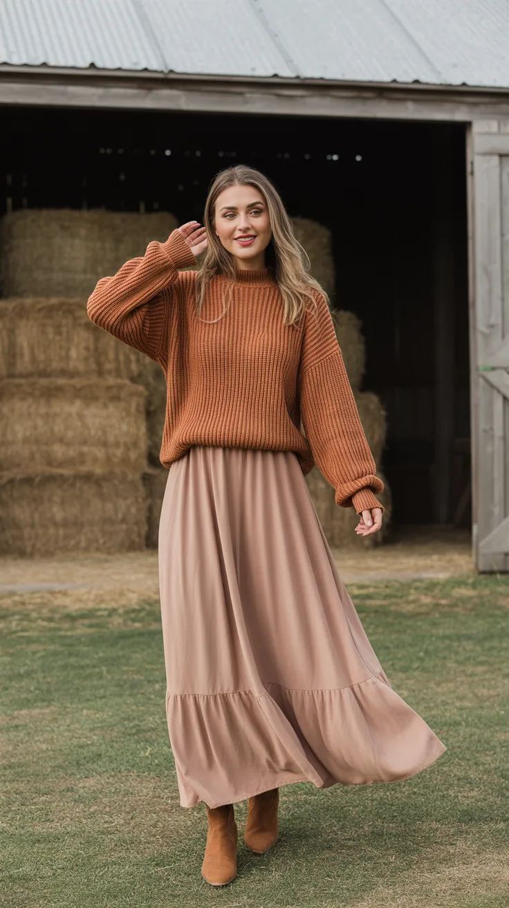 Woman wearing rust knit sweater and flowing maxi skirt with tan boots, posing near a rustic barn.