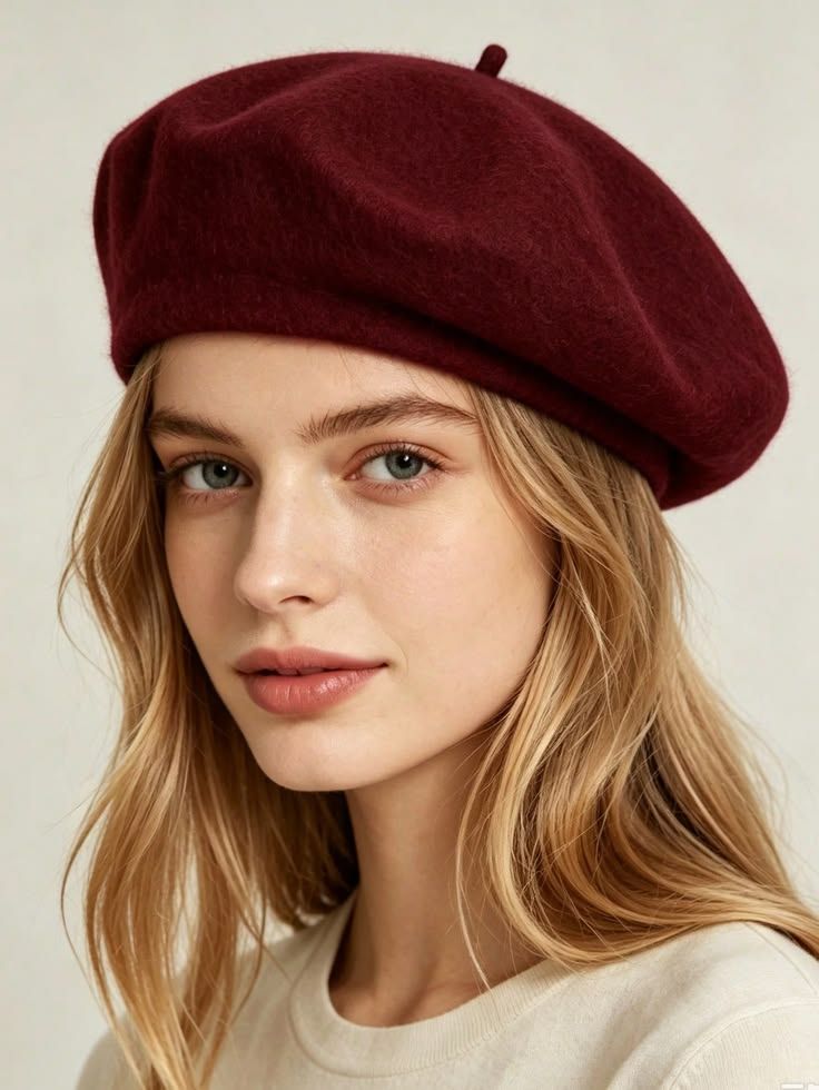 Woman wearing a classic burgundy wool beret hat, styled with blonde hair and minimal makeup.
