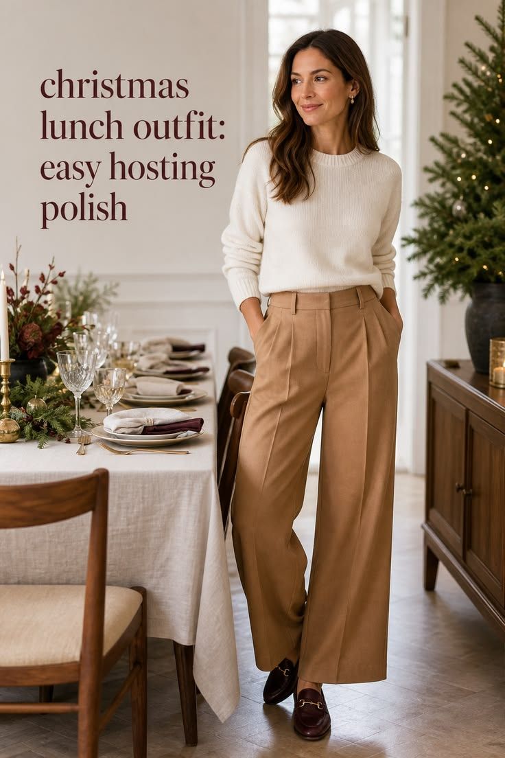 Woman wearing cream sweater and wide-leg camel trousers with loafers in elegant Christmas lunch hosting outfit.