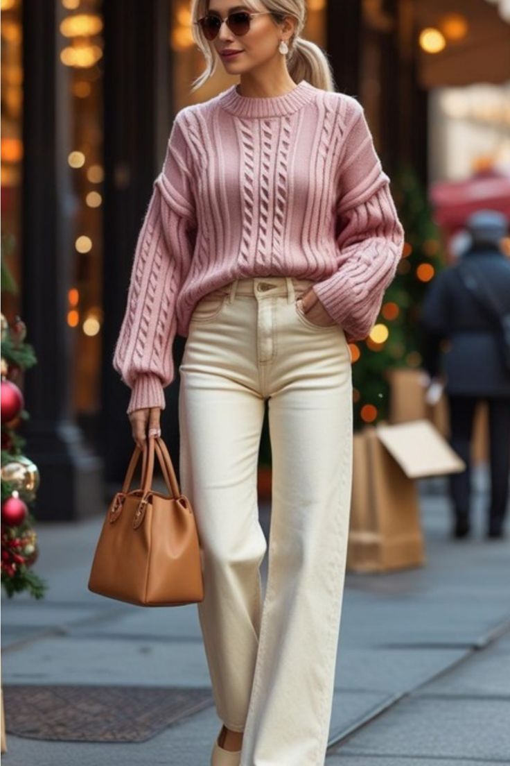 Woman in pink cable knit oversized sweater with cream wide-leg pants and tan leather handbag on city street.