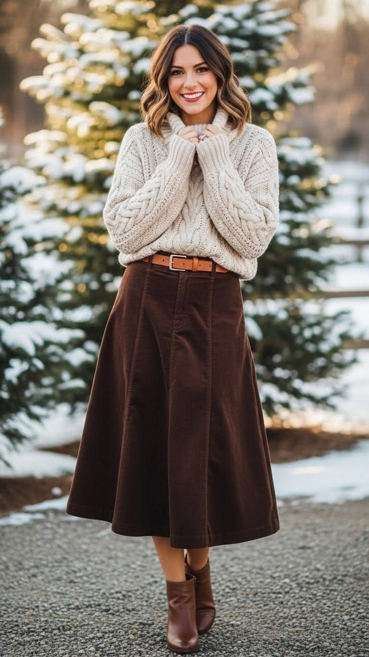 Woman in cream cable-knit sweater and brown midi skirt with tan belt and ankle boots, posing outdoors near snow-dusted evergreen trees.