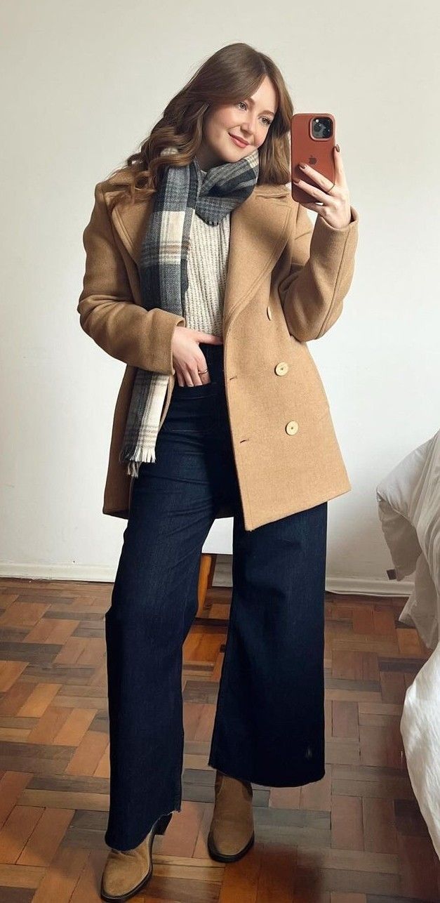 Winter outfit featuring camel coat, plaid scarf, and wide-leg pants styled with chelsea boots.