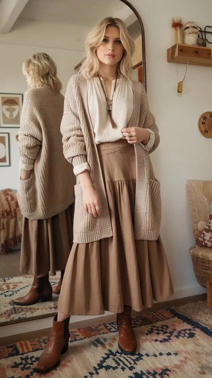 Cozy beige sweater and brown midi skirt outfit styled with brown boots on vintage rug.