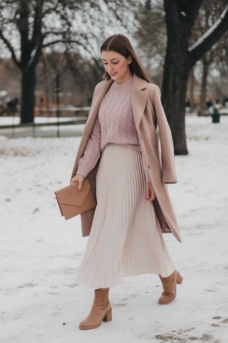 Four editorial fashion photos of a person wearing a cable knit sweater, pleated dress, and camel boots in snowy winter setting.
