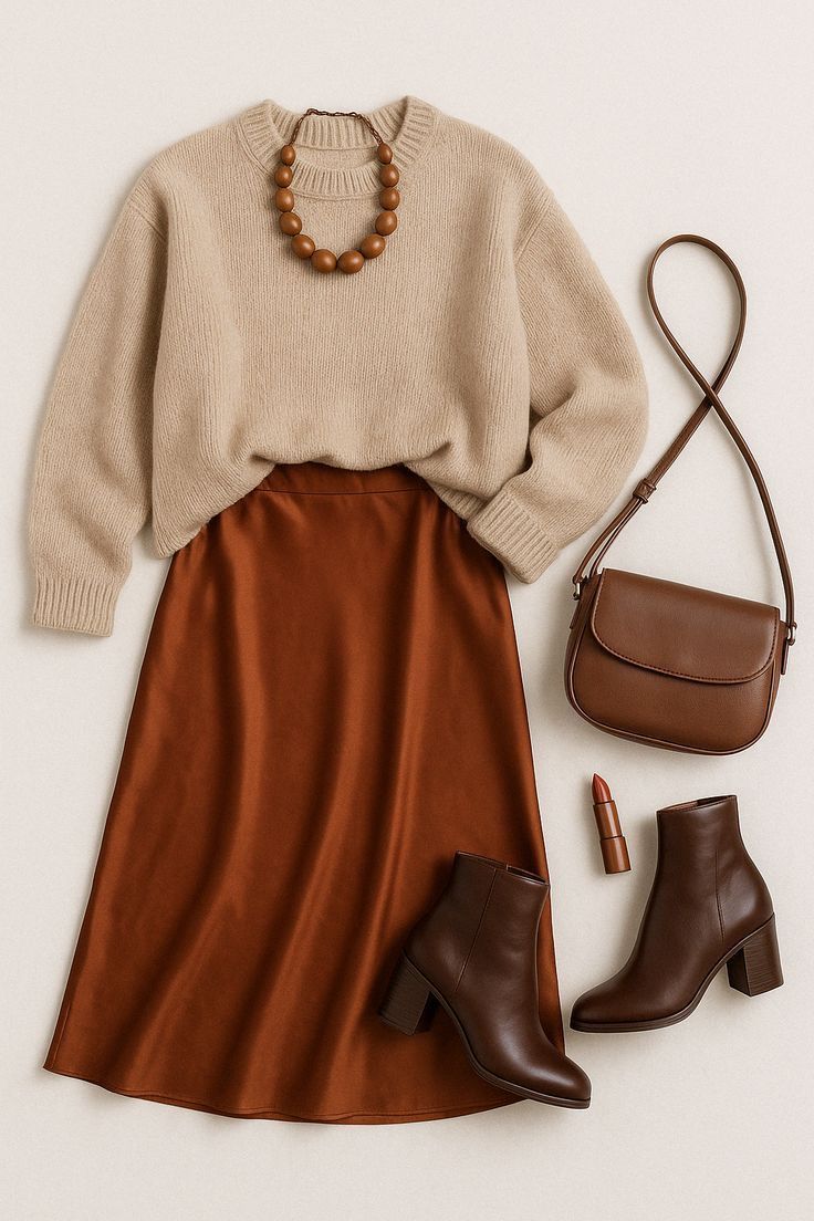 Flatlay of neutral fall outfit with beige sweater, brown dress, leather boots and accessories.