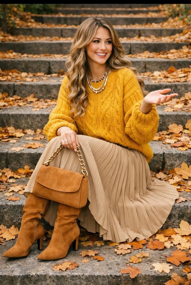 Woman in mustard sweater, beige pleated skirt, and tan boots sitting on stone steps with autumn leaves.