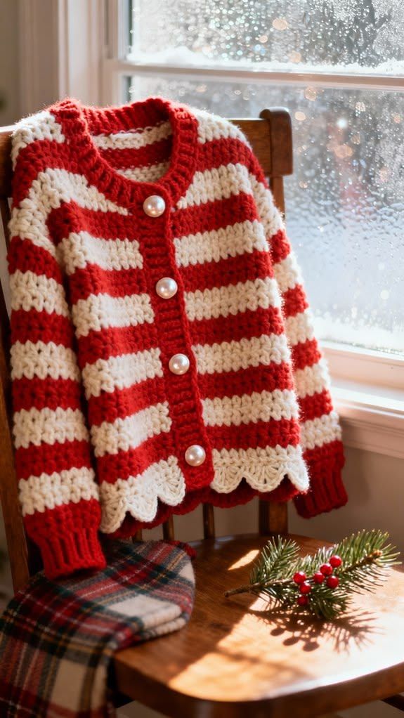 Red and white striped crochet cardigan with pearl buttons and scalloped hem on wooden chair by snowy window.