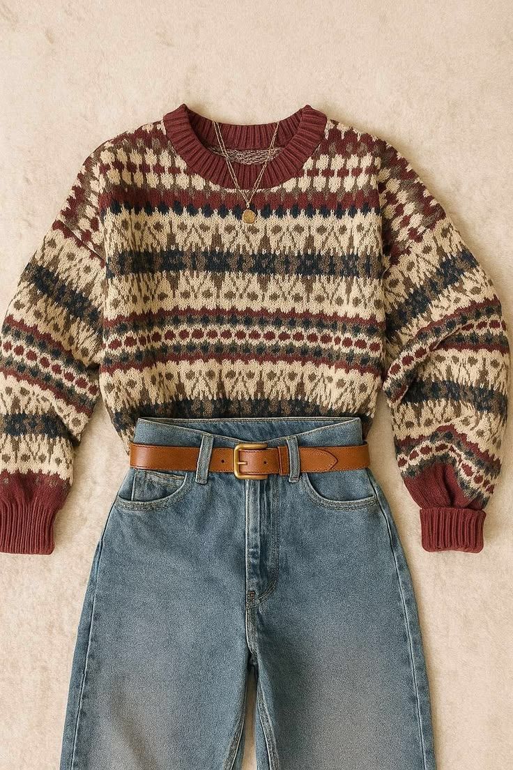 Vintage Fair Isle sweater in burgundy and cream paired with high-waist blue jeans and a brown leather belt.