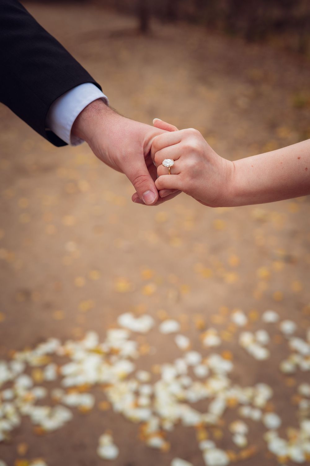 Close up of hands reaching toward each other with flower petals scattered on ground.
