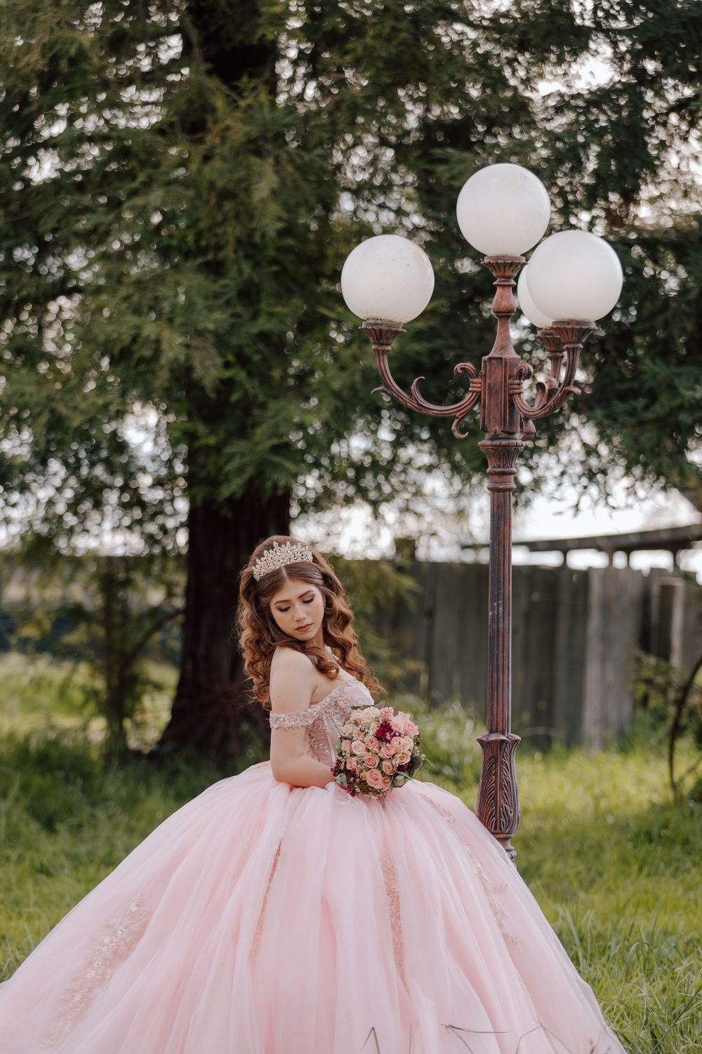 A quinceañera celebration in a park features a young person in a flowing pink ball gown posing near vintage lamp posts.