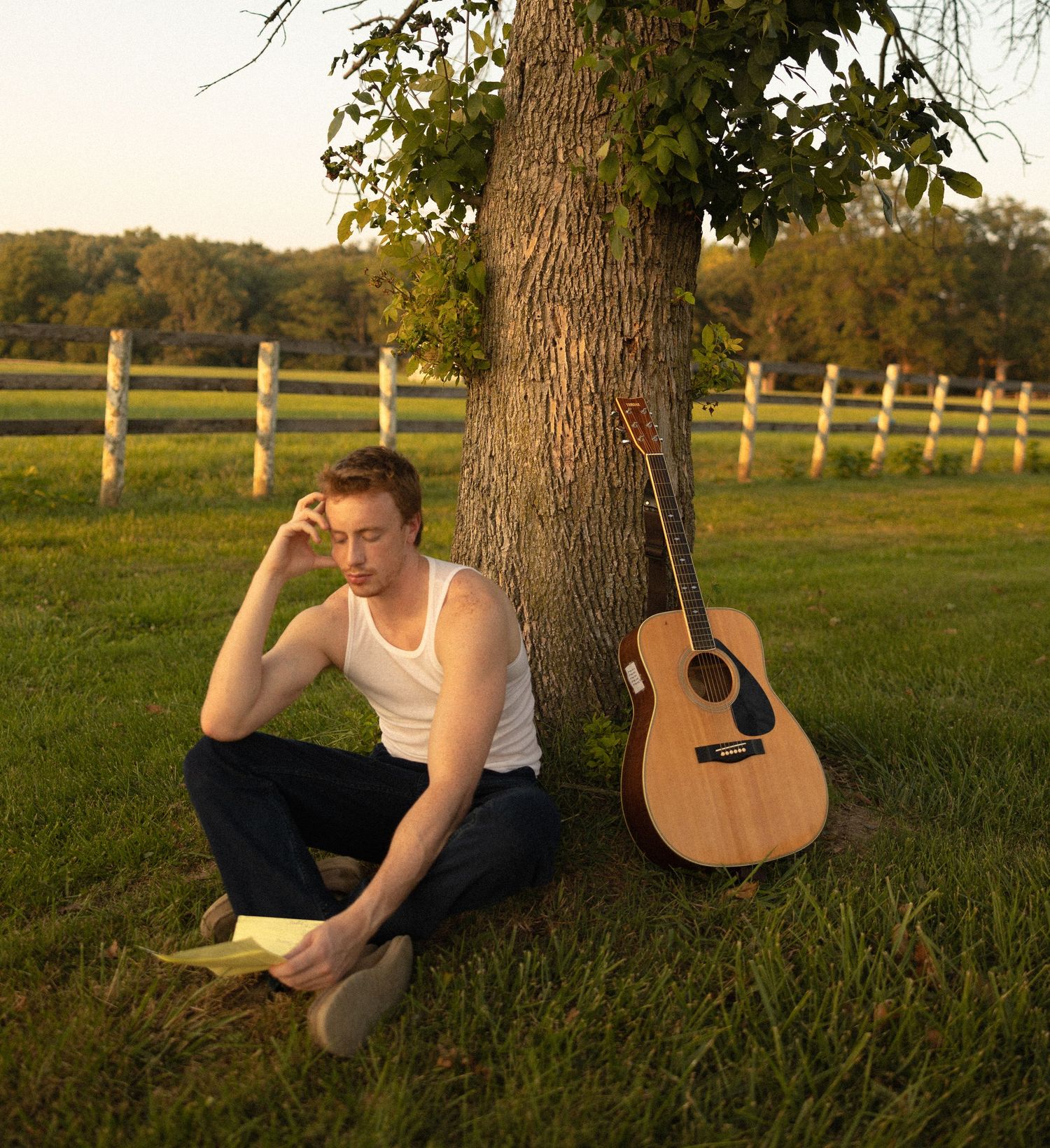A musician sits under a tree with an acoustic guitar at sunset in a rural setting.