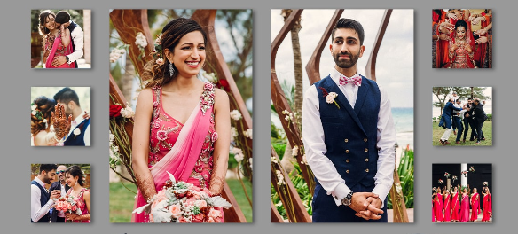 Wedding photography collage with colorful traditional attire and festive celebration moments.