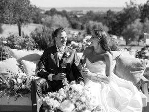 A black and white collage of vintage wedding scenes showing couples celebrating with guests at outdoor receptions.