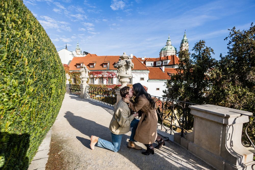A scenic view of Prague's historic architecture with red-tiled roofs and church spires against a blue sky.