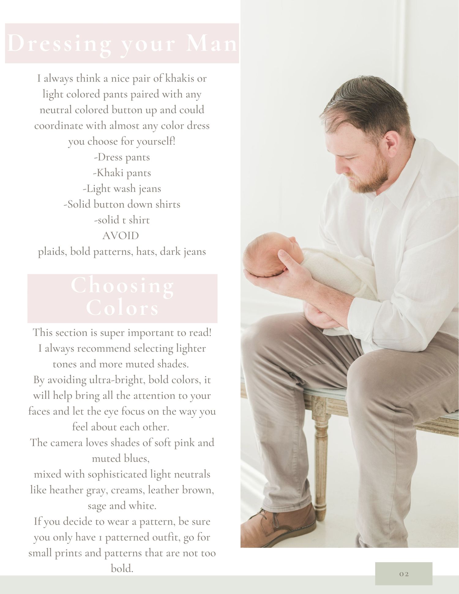 A style guide page on dressing your man and choosing colors, featuring a man holding a newborn.