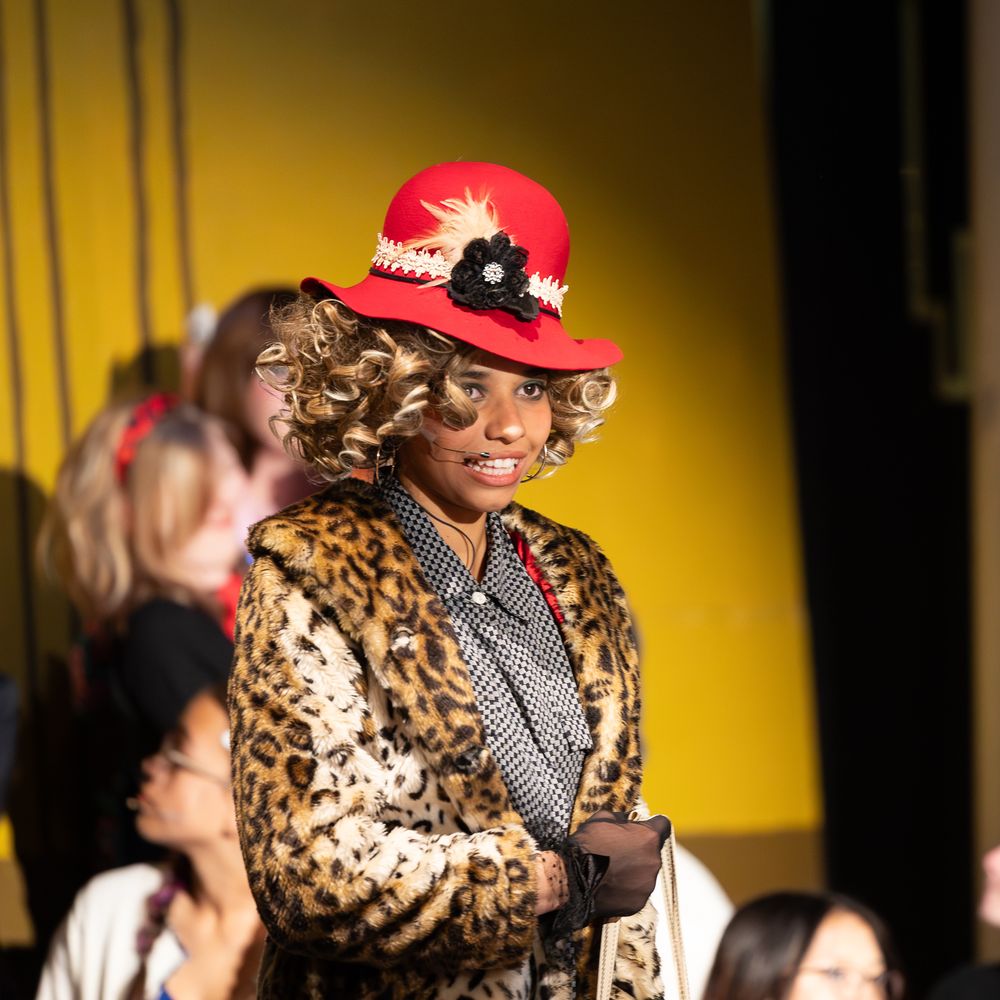 Person wearing red feathered hat, leopard print coat, and curly wig poses confidently at a fashion or theater event.