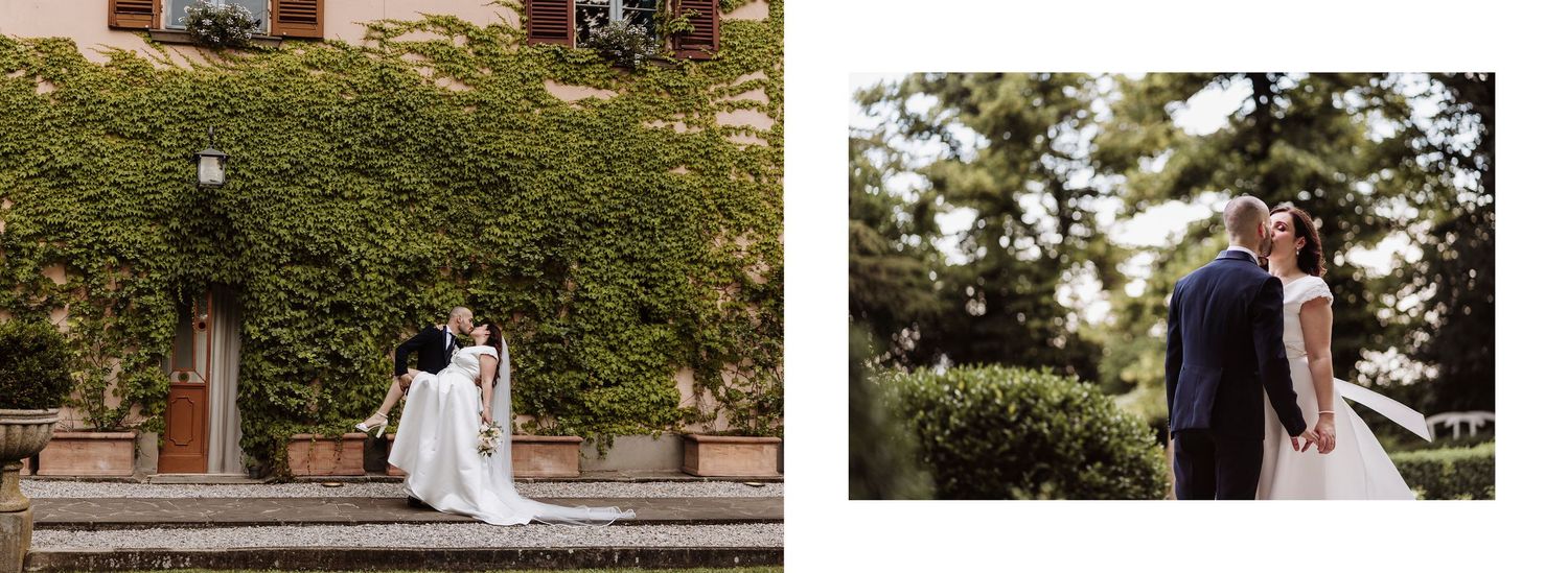 Bride and groom sharing a romantic kiss near ivy-covered stone steps at a scenic venue.