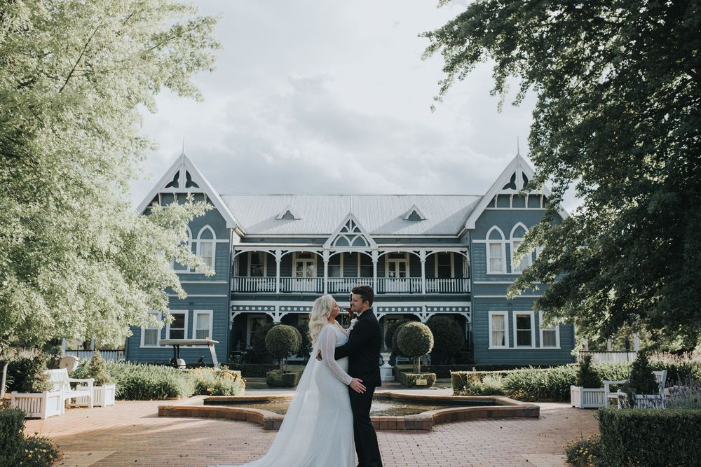 A series of exterior shots showing a waterfront wedding venue with blue-grey siding and Victorian-style architecture.