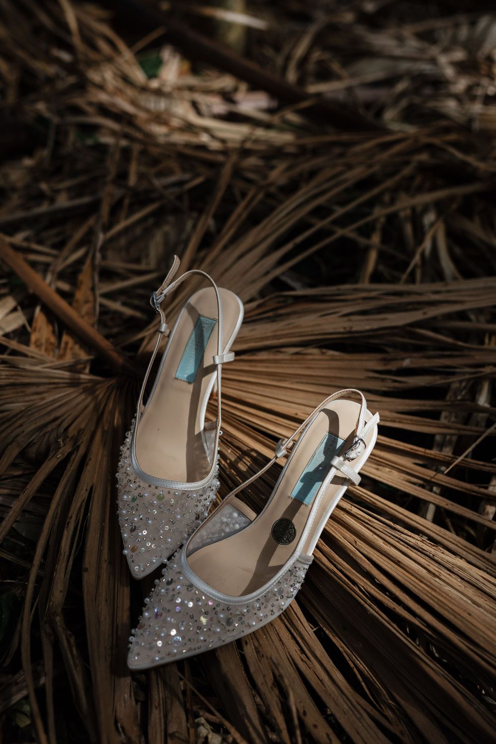 Sparkly embellished slingback heels with teal accents resting on dried palm leaves.