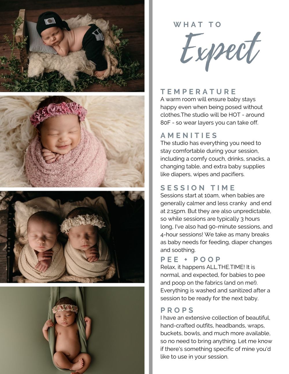 Information page about newborn photography session expectations with sample photos and temperature guidelines.