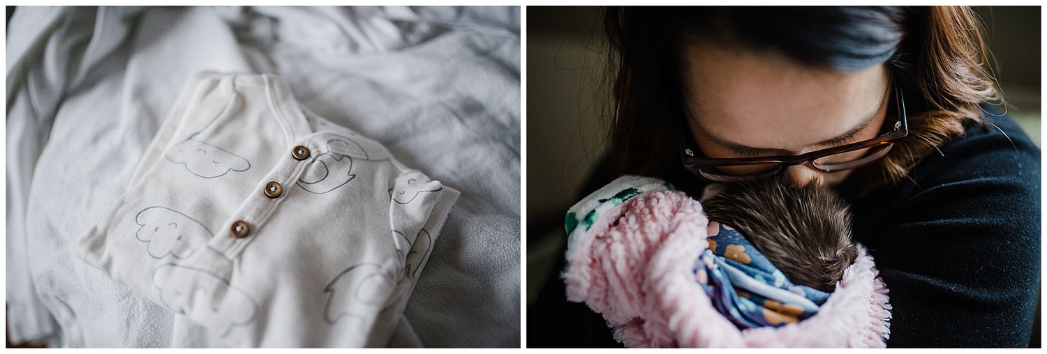 Close-up of white baby clothes buttons next to an intimate newborn holding moment.