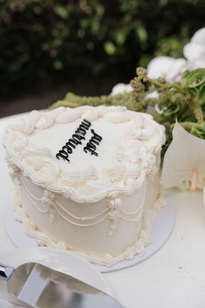 White wedding cake with elegant piped frosting details and swirls displayed in an outdoor garden setting.
