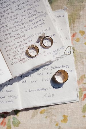 Wedding rings rest on handwritten notes and letters against a floral patterned fabric background.