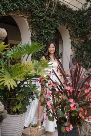 Tropical garden setting with pink flowers and large monstera leaves in concrete planters.