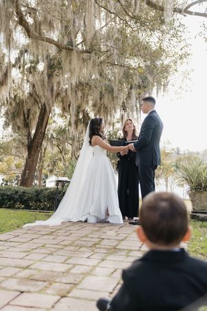 Outdoor wedding ceremony under moss-draped oak trees with stone pathway.
