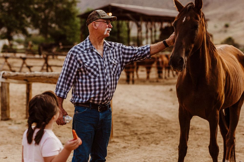 grandfather petting horse with granddaughter, documentary and family photography, Whitney Popp photographer.