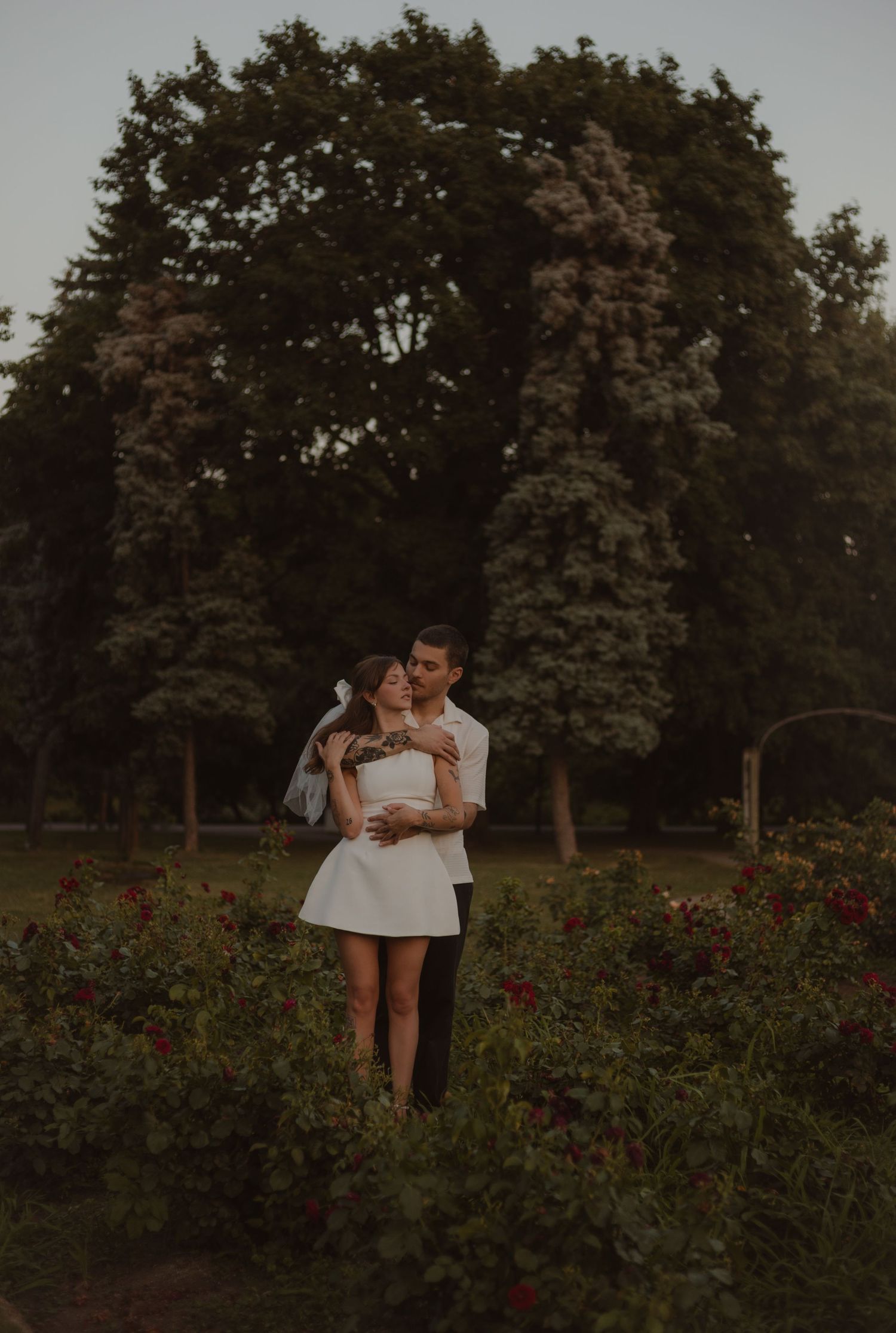 Woodland elopement scene in Massachusetts. Bride and groom snuggle up, cozied in between the lush trees.