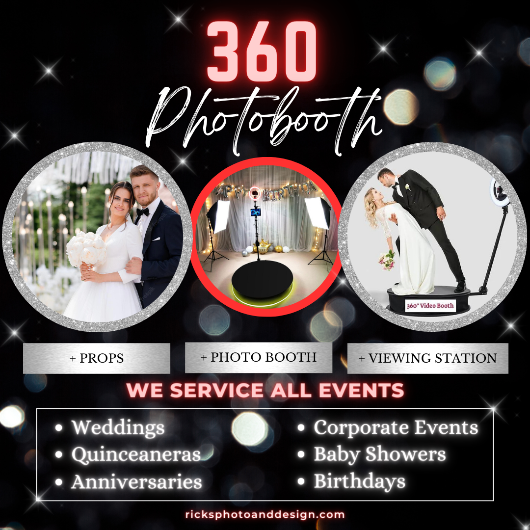 360 photo booth advertisement showing wedding photography services and event packages.