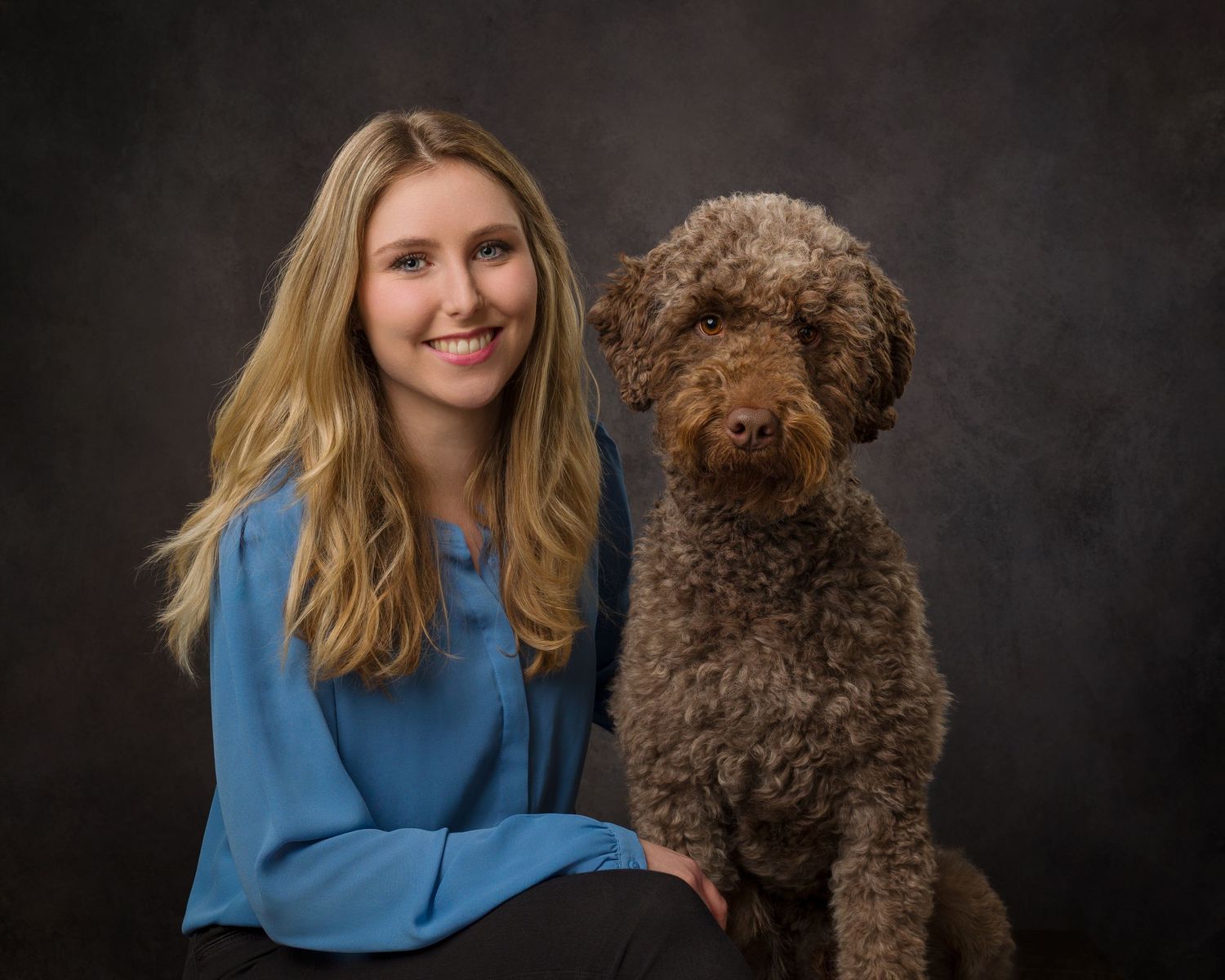 Chocolate brown labradoodle dog sitting for a portrait against dark background.