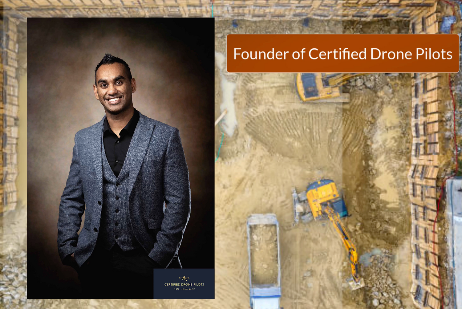Professional business portrait and drone mapping imagery overlay.