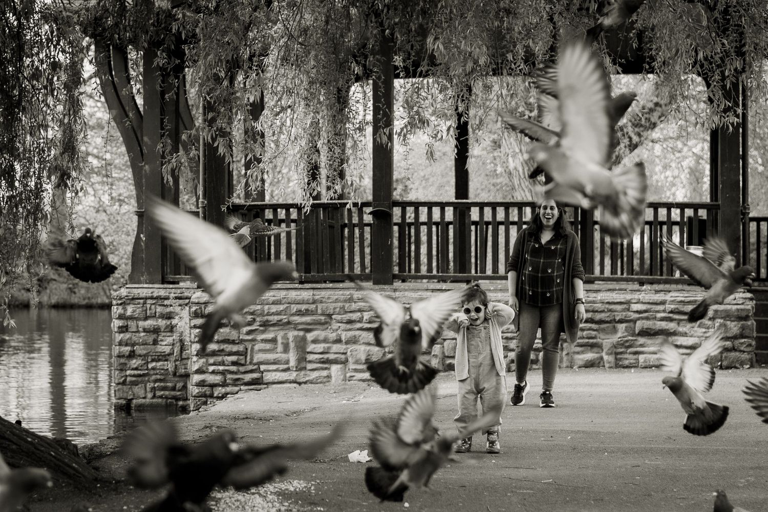 Black and white imagery of girl and mum with pigeons at Broomfield Park