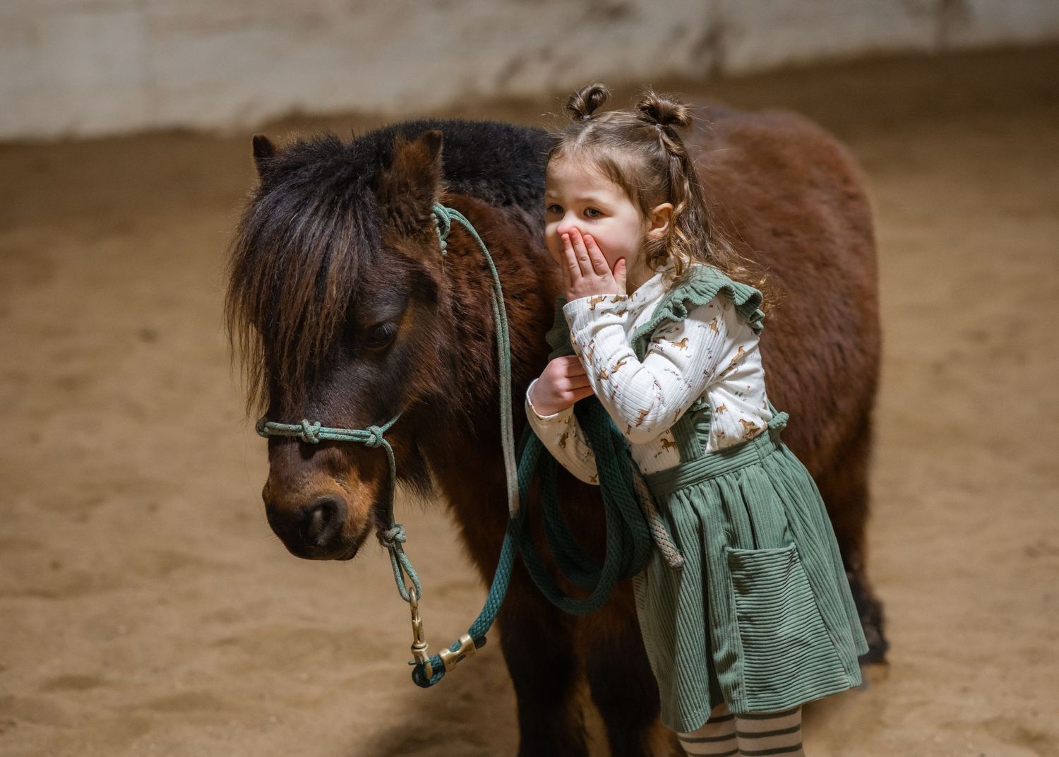 A child in a green dress stands beside a small brown pony in an indoor arena.
