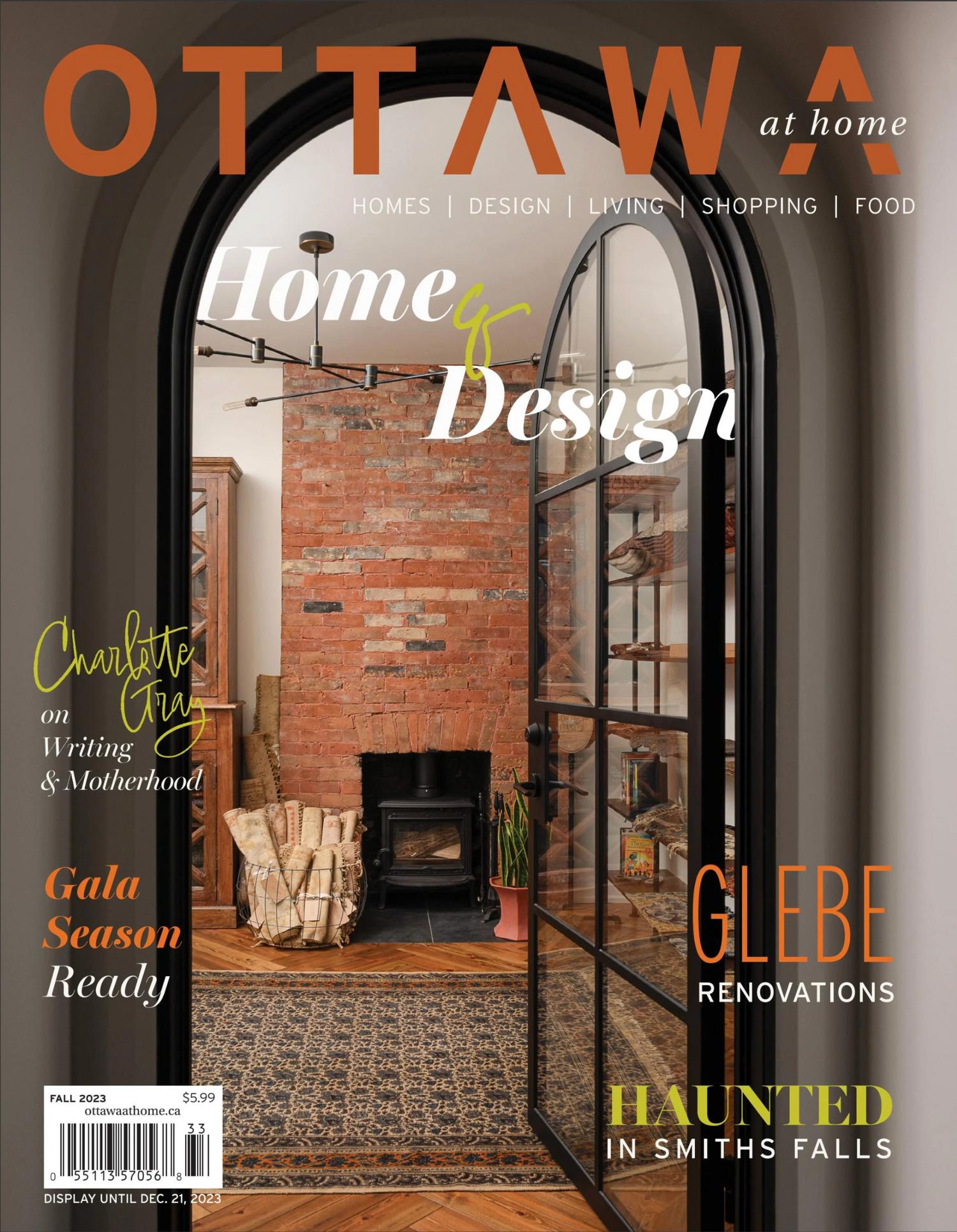 Ottawa at Home magazine cover showcasing interior design through arched doorway with brick wall.