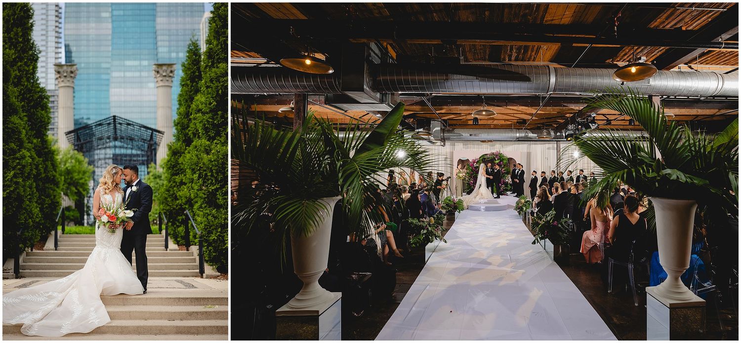 Indoor and outdoor wedding ceremony views with elegant floral decorations.
