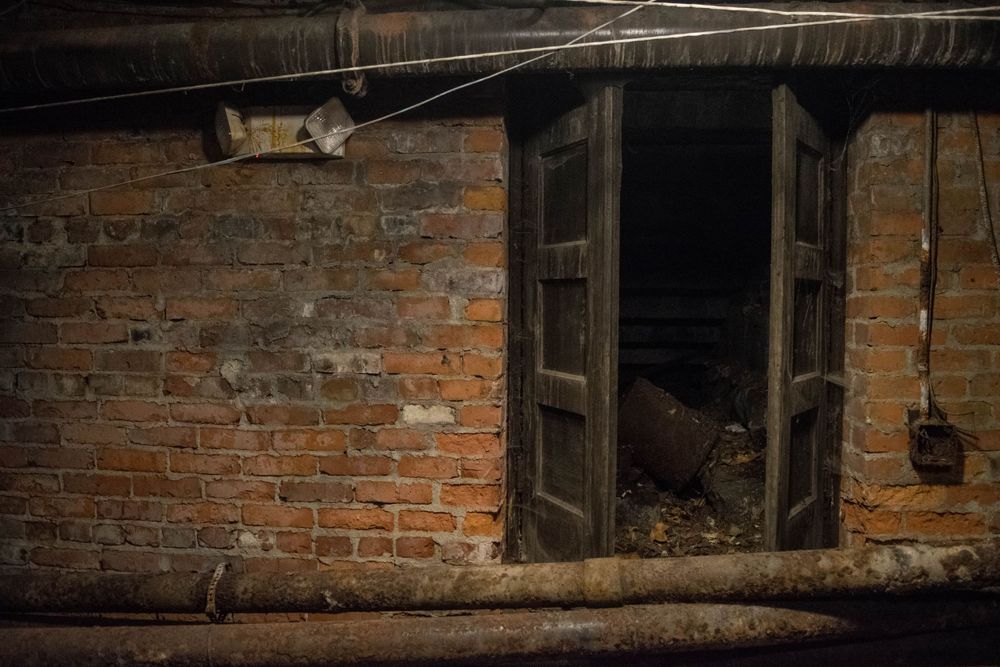 Worn brick wall with open wooden doorway in dimly lit space.