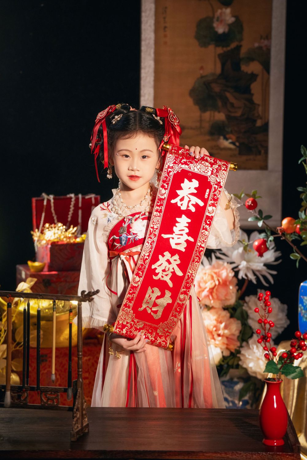 Cute children's studio portrait in an elegant Tang Dynasty Hanfu with dazzling golden props, by Imagine Image Studio.