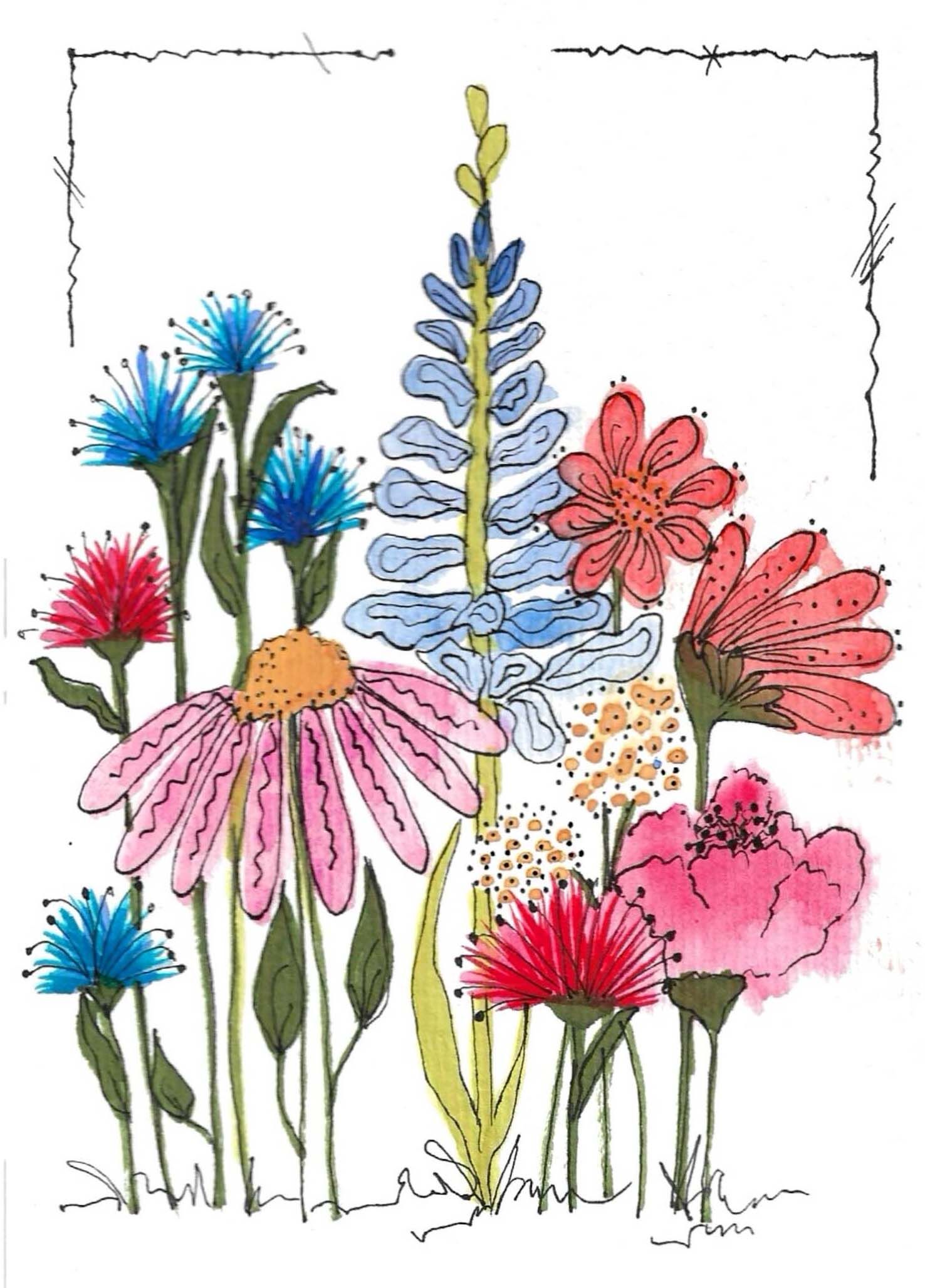 Watercolor garden scene with pink and blue flowers growing among delicate stems.