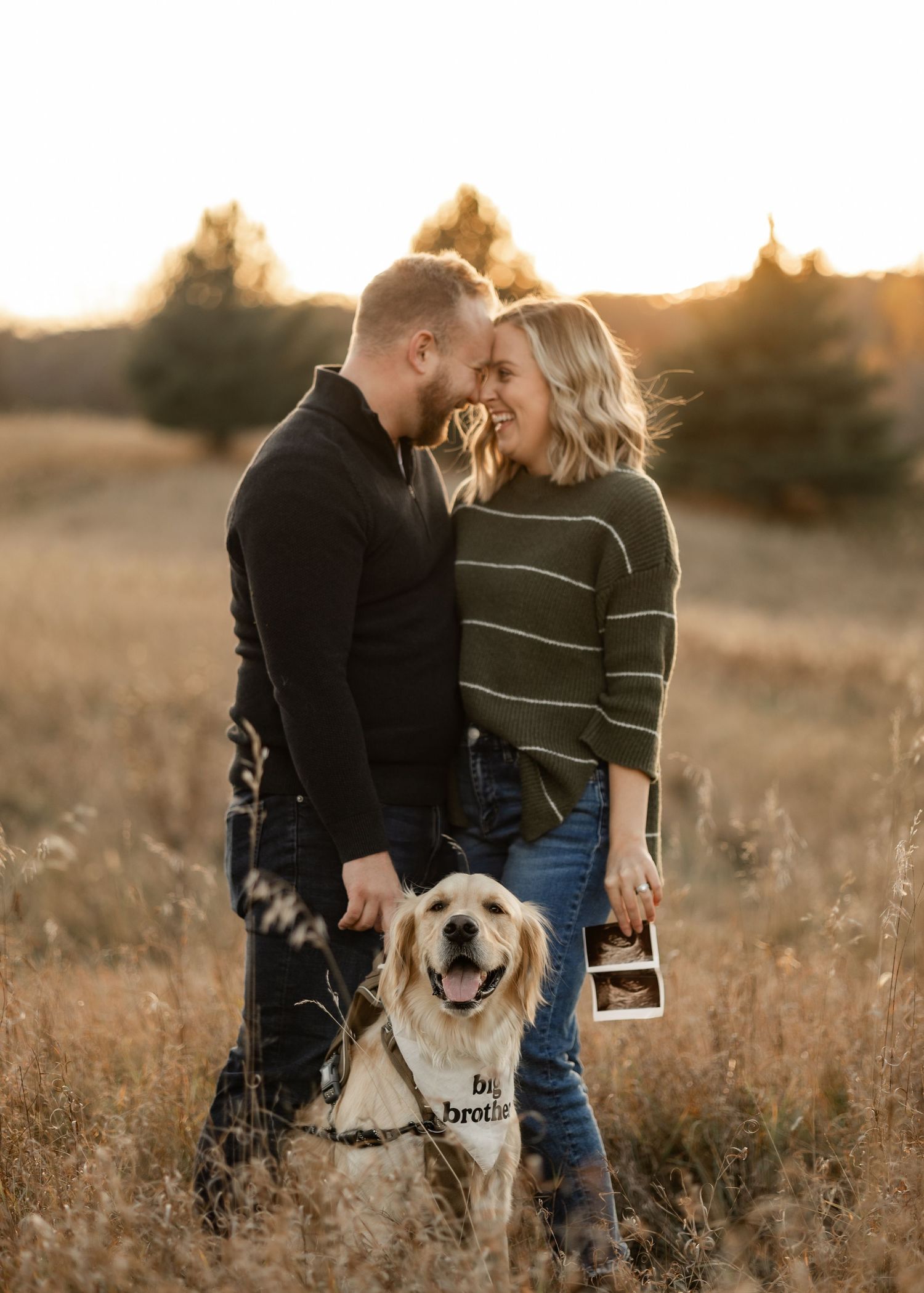 A couple shares an intimate moment at sunset with their happy golden retriever in a golden field.