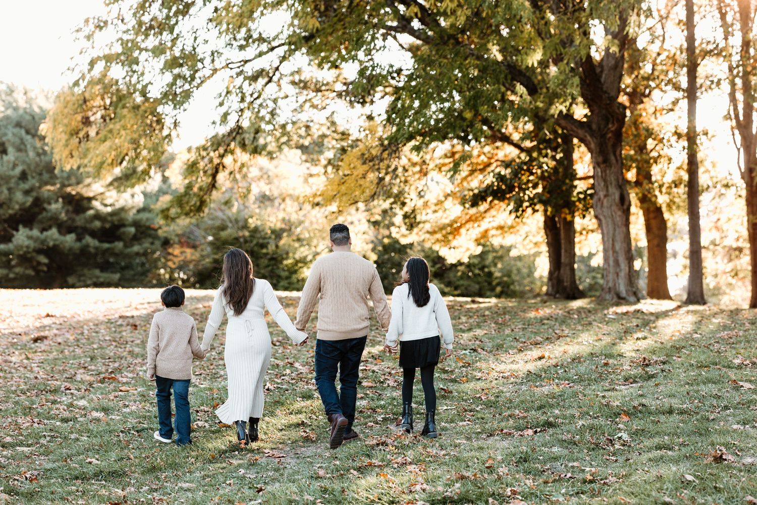 A family walking together hand in hand through a scenic autumn landscape.