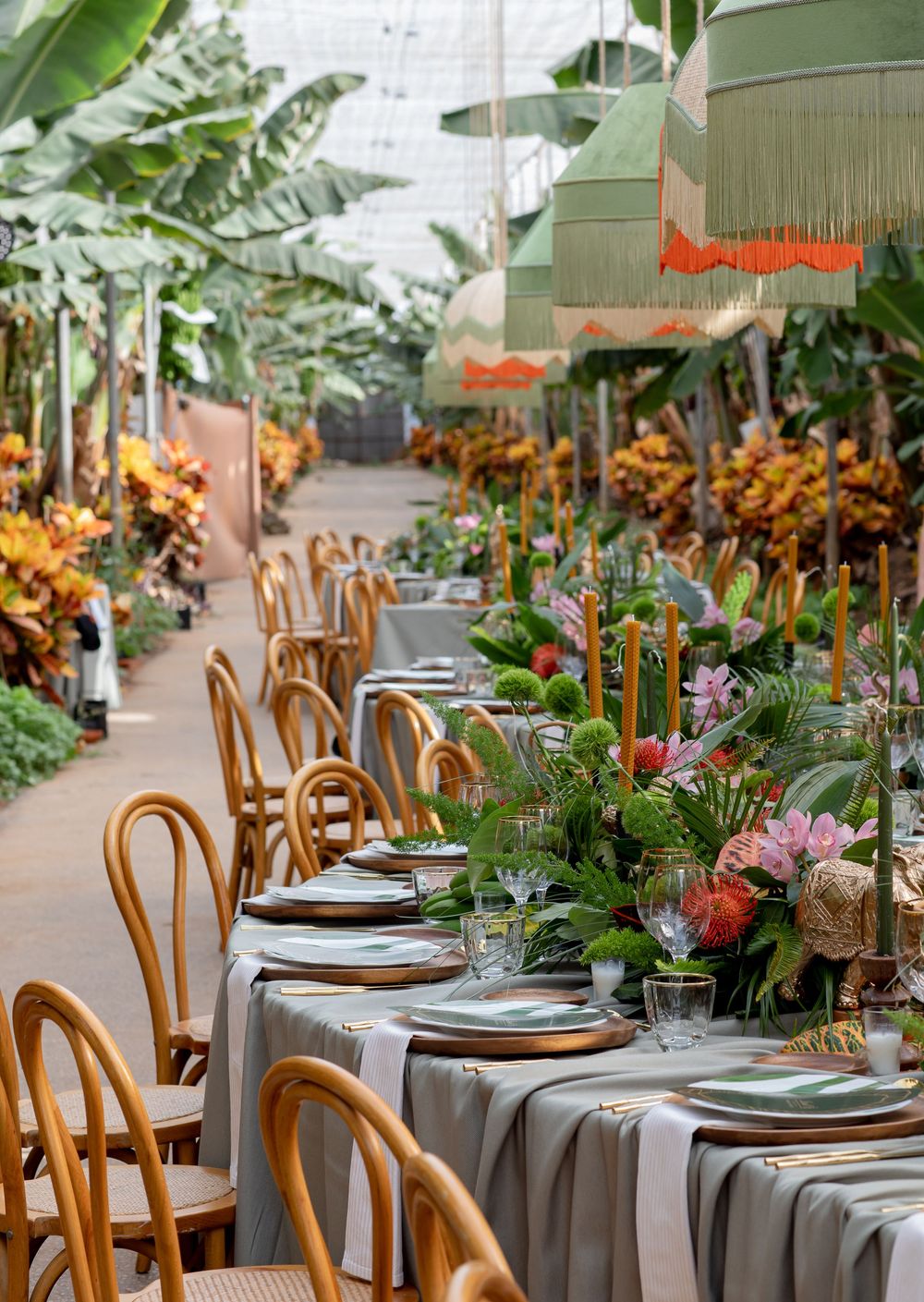 Tropical greenhouse wedding reception with long tables, bentwood chairs, lush greenery, colorful florals, and fringed pendant lights.