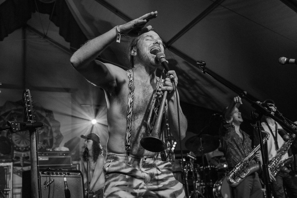 Energetic shirtless performer singing passionately on stage with dramatic lighting at a concert venue.