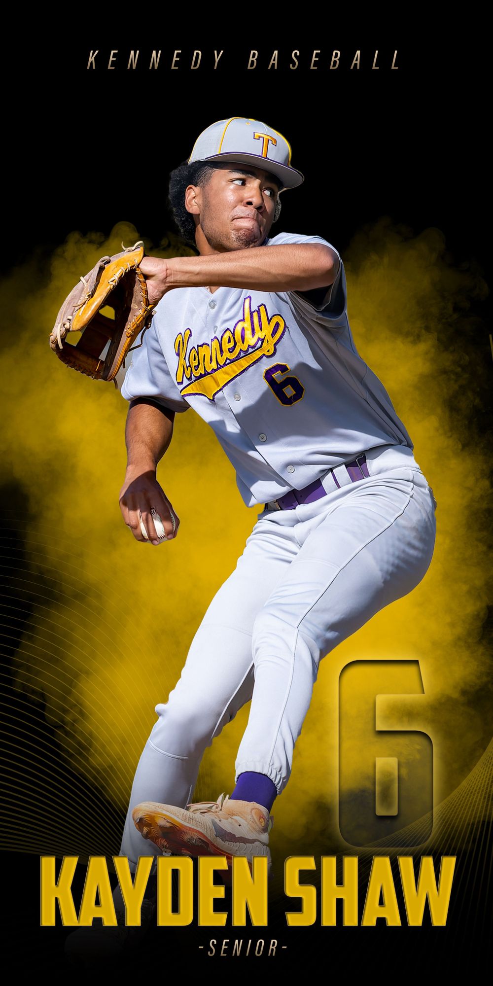 Baseball player in white uniform poses in pitching motion against yellow smoke background.