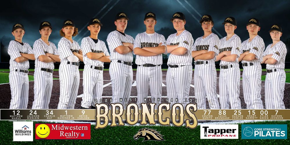 Broncos youth baseball team poses in white pinstripe uniforms for official team photo with sponsor logos displayed.