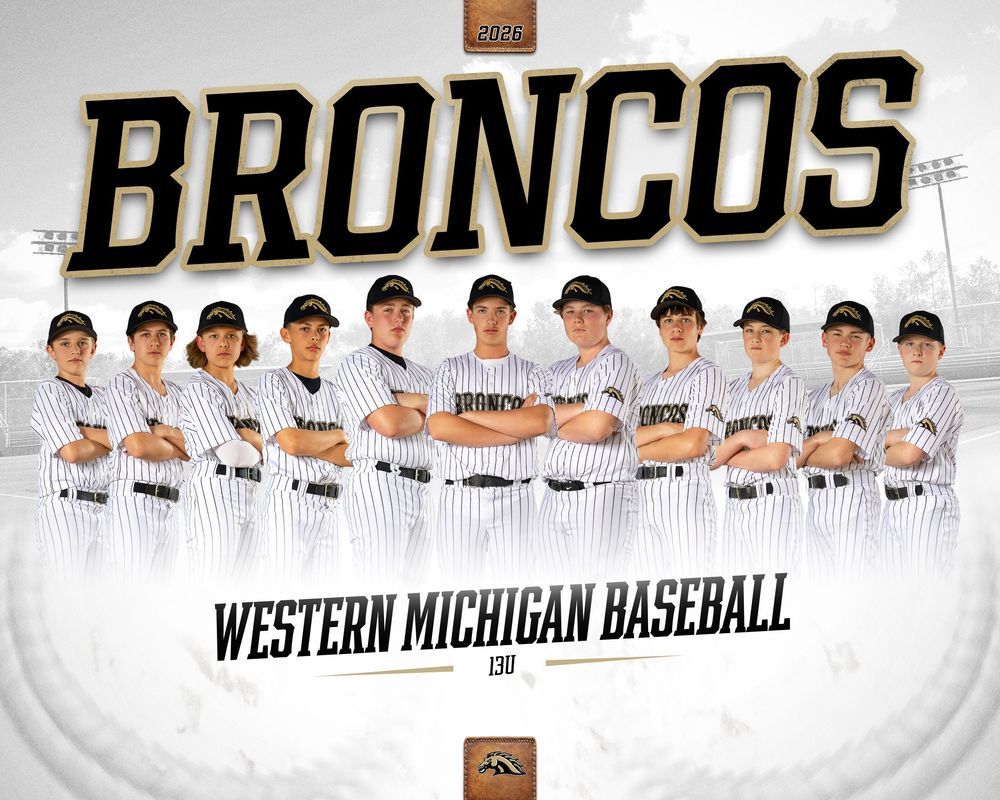 Western Michigan Broncos baseball team photo featuring players in pinstripe uniforms posing together on a baseball field.