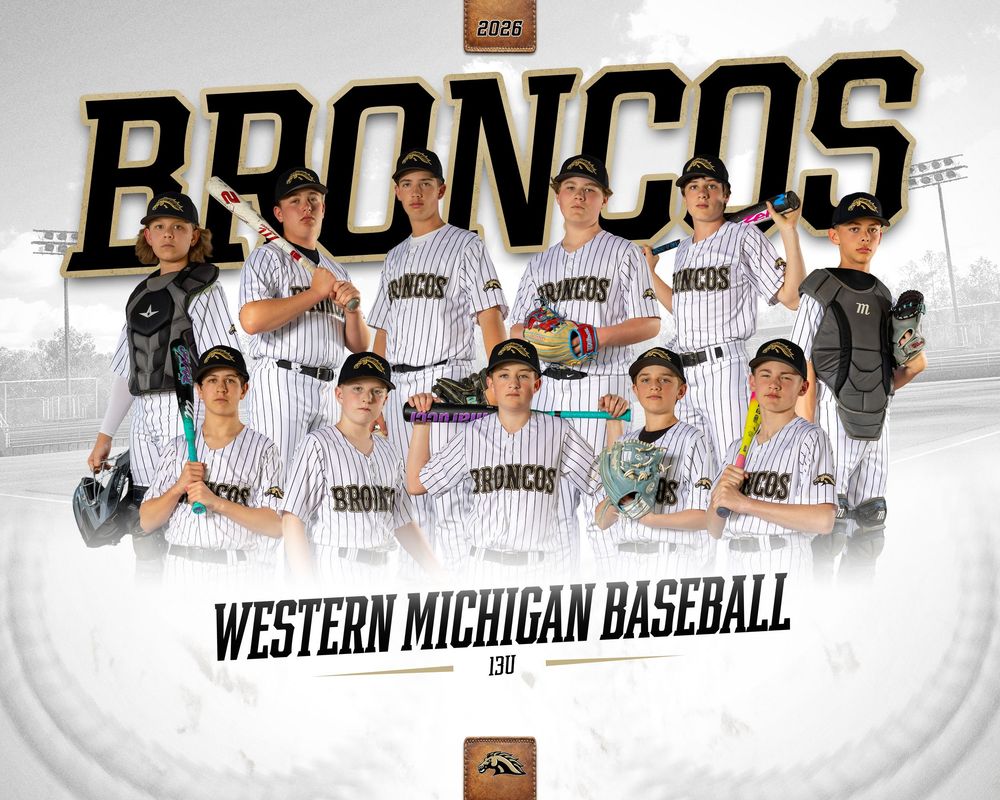 Western Michigan Broncos baseball team photo featuring players in pinstripe uniforms posed together on a baseball field.