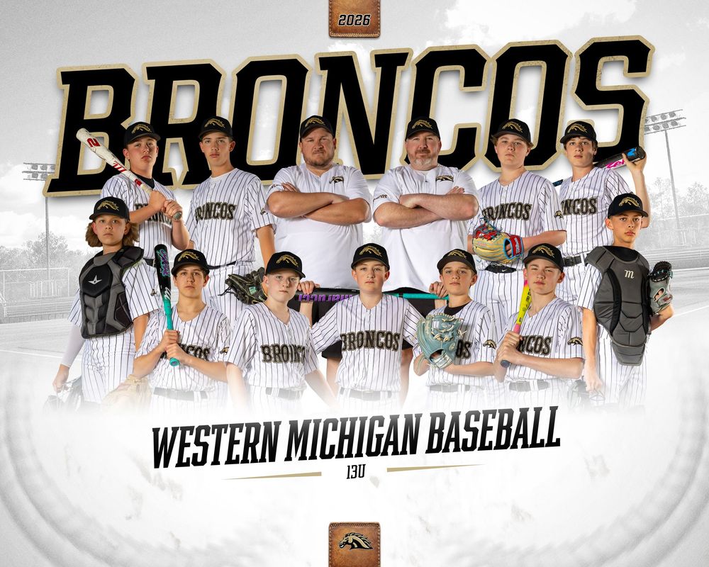 Western Michigan Broncos baseball team photo with players in black and white uniforms, 2024 season group portrait.